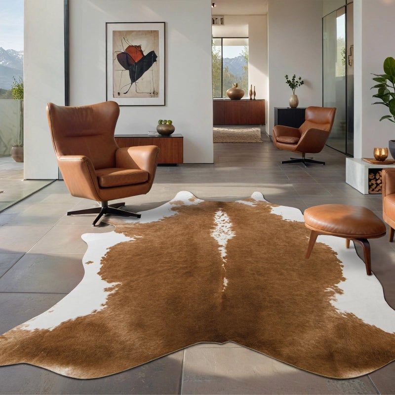 BENRON Premium Faux Cowhide Rug, Cow Print, Rustic Western Rugs for Living Room Bedroom, Irregular Animal Skin Hides, 4.6 x 5.2ft, Anti-Skid Cool Carpets for Cowboy Cowgirl Home Decor, Khaki Brown - Image 2